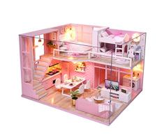 Chenang Pink DIY Puppenhaus ,Traumengel Doll Cottage ,Puppenvilla mit 2 Etagen Miniatur Haus mit LED Beleuchtung Handgefertigt Puppen-Haus Spielzeug Villa Haus Aus Holz