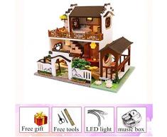 generica DIY Puppenhaus Villa Chinesische Retro Holzpuppenhäuser Garten Schlafzimmer Miniatur Puppenhaus Kit Möbel