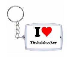 Druckerlebnis24 Schlüsselanhänger I Love Tischeishockey in Weiss - Exclusiver Geschenktipp zu Weihnachten Jahrestag Geburtstag Lieblingsmensch
