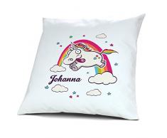 Kopfkissen mit Namen Johanna - Motiv Verrücktes Einhorn, 40 cm, 100% Baumwolle, Kuschelkissen, Liebeskissen, Namenskissen, Geschenkidee