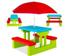 KESSER® Kindersitzgruppe mit Sonnenschirm Kindertisch Picknickset | Sitzgarnitur Tisch und Bänke | Sitzgruppe Kindermöbel Gartenmöbel für Kinder Grün