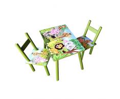 HTI-Line Kindertischgruppe Dschungel Kindermöbel Kinderstuhl Kindersitzgruppe Holzsitzgruppe Kindertisch mit 2 Stühle Sitzgruppe für Kinder Vorschüler Kleinkinder