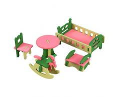 TOYANDONA Holz Puppenhaus Möbel Kit Mini Babybett Tisch Stuhl Schaukelpferd Bett 5 Stück