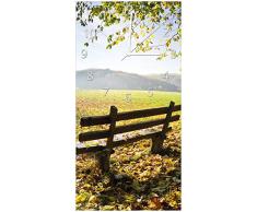 Wallario Design Wanduhr Idyllische Holzbank in den Bergen aus Acrylglas, Größe 30 x 60 cm, weiße Zeiger