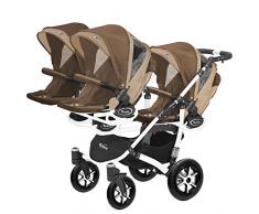 Kinderwagen für Drillinge Säugling und ältere Zwillinge 1 Gondel 3 Sportsitze Trippy Kinderwagen 2in1 weißer Rahmen (braun beige 02)