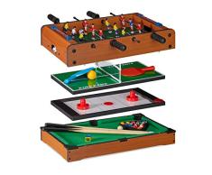 Relaxdays Multigame Tisch 4 in 1, Tischkicker, -tennis, -hockey & Billard, Kinder & Erwachsene, Multi Spieltisch, braun