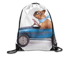 RJ Unique Drawstring Backpack,Französische Bulldogge Genießt Eine Fahrt Im Tretauto, Das Auf Weißen Drawstring-Taschen Lokalisiert Wird