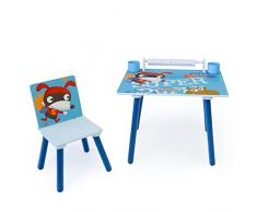 Homestyle4u 1763 Kindersitzgruppe Hund, Kindermöbel Set aus 1 Kindertisch mit 1 Stuhl mit Papierrolle, Holz Blau