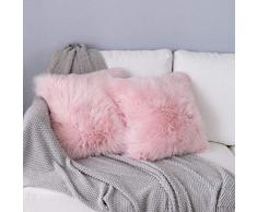 QINGLOU Zierkissenbezüge Deko Kissen Schaffell Lammfell Kunstfell Langhaar Zierkissen Kissenbezug Fellimitat Sofakissen Cuddly Kissen (Pink, 45x45CM)