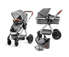 Kinderkraft Kinderwagen 2 in 1 VEO, Kinderwagenset, Kombikinderwagen, Sportwagen, Buggy und Tragewanne in Einem, Zubehör, Zweistufige Federung, Große Räder, Einfaches Zusammenklappen, Grau