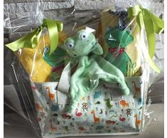 Baby unisex Geschenkset - Präsentkorb +4eilig-Kuschelfrosch- Lunchbox-.Lätzchen-Badetuch zur Geburt -Taufe (gelb)