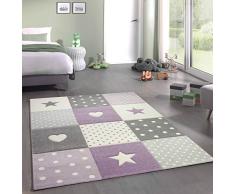 Kinderteppich Teppich Kinderzimmer mit Stern Herz in Lila Grau Creme Größe 140x200 cm
