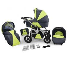 Clamaro LUNO 3in1 Premium Kinderwagen 3 in 1 Kombi mit Schwenkrädern, inkl. Babywanne mit Schaukelfunktion, Sport Buggy und Auto Babyschale Aufsatz (ISOFIX), klappbares Alu-Stahl Gestell mit 360° drehbaren Design Luftreifen