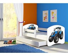 Clamaro Fantasia Weiß Motiv Kinderbett Komplett Set 180 x 80 cm inkl. Matratze, Lattenrost und Bettkasten Unterbett Schublade auf Rollen, Kantenschutzleisten umlaufend, extra Rausfallschutz Seitenteil (verstellbar), Seitenteile: