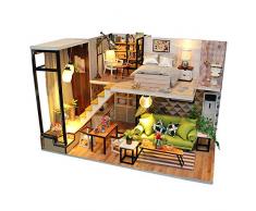 Puppenhaus Miniatur Aus Holz,DIY Cottage Dollhouse Kinder Spielzeug Manuelle Montage Kleines Haus Mit MöBel + LED Licht MaßStab Kreativer Raum FüR Tagesgeschenkidee Valentinstag