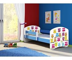 Clamaro Fantasia blau Motiv Kinderbett Komplett Set 160 x 80 cm inkl. Matratze und Lattenrost, Kantenschutzleisten umlaufend, extra Rausfallschutz Seitenteil (verstellbar), Seitenteile: Blau, Design: 31 Eulen