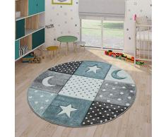 Paco Home Kinderteppich Pastellfarben Kariert Punkte Herzen Sterne Weiß Grau Blau, Grösse:Ø 120 cm Rund