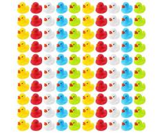 WELLGRO 100 Badeenten - bunt (gelb, rot, weiß, blau, grün), je Ente ca. 3,5 x 3 cm (ØxH), Gummiente, im Netz