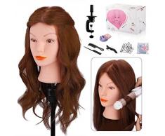 Frisierkopf 100% Echthaar, Mysweety übungskopf für Professionel Einrollen, Richten, Bleichen, Färben Beauty Salon Frisur üben, 45.7cm, mit Zubehör & Klemme, 22