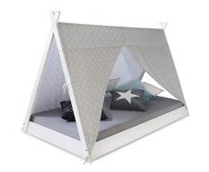 Homestyle4u 1847, Kinderbett Tipi Zelt 90x200, Weiß Grau, Zelt Mit Sterne, Holz Kiefer