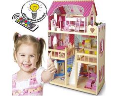 Leomark Traumvilla Holzpuppenhaus mit Möbeln, Puppenhaus holz Plus-gratiss 4 Puppen Puppenhaus Mit Möbeln Und Zubehör 3 Etagen Höhe 90 cm, Bunt