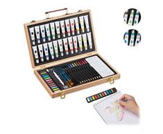 Relaxdays Malkoffer, 56-tlg. Malset Holz, Zeichenset mit Radierer, Anspitzer, Bunt- & Bleistiften, Ölfarben, natur