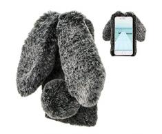 LCHDA kompatibel mit Plüsch Hülle iPhone 6/iPhone 6S Flauschige Hasen Fell Hülle Handyhülle Mädchen Süße Kaninchen Pelz Niedlich Hasenohren Handytasche Schützend Stoßfest TPU Silikonhülle-Schwarz