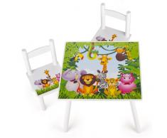 Leomark Weiß Tisch und Stühle für Kinder, 1 Tisch und 2 Stühle Motiv: Dschungel Tiere, Kindertisch Kindersitzgruppe Sitzgruppe für Kinder Kinderstuh
