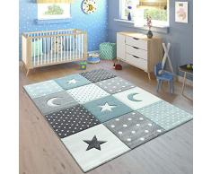 Paco Home Kinderteppich Pastellfarben Kariert Punkte Herzen Sterne Weiß Grau Blau, Grösse:80x150 cm