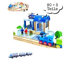 Holzeisenbahn Set Eisenbahn für Kinder / Zug mit Schienen Holzbahn 90 +3 Teile / Polizeistation Polizei / kombinierbar