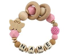 Greifling mit Namen aus Holz und Silikon mit Häkelperle - Schmetterling rosa mit Glöckchen