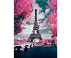 YEESAM ART Neuheiten Malen nach Zahlen Erwachsene Kinder, Frankreich Paris Eiffelturm, Romantische Kirschblüte, Rosa Blüten 40x50 cm Leinen Segeltuch, DIY ölgemälde Weihnachten Geschenke