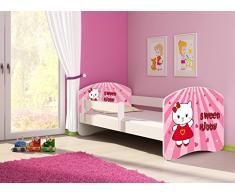Clamaro Fantasia Weiß Motiv Kinderbett Komplett Set 140 x 70 cm inkl. Matratze und Lattenrost, Kantenschutzleisten umlaufend, extra Rausfallschutz Seitenteil (verstellbar), Seitenteile: Weiß, Design: 15 Sweet Kitty-1