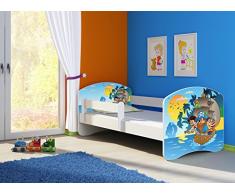 Clamaro Fantasia Weiß Motiv Kinderbett Komplett Set 140 x 70 cm inkl. Matratze und Lattenrost, Kantenschutzleisten umlaufend, extra Rausfallschutz Seitenteil (verstellbar), Seitenteile: Weiß, Design: 21 Piraten