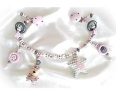 Kinderwagenkette für Mädchen mit Wunschnamen - Geschenk zur Taufe, Geburt (Rosa, Grau, Weiß)