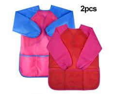 2 Stück Malschürze Kinder, Wasserdicht Kinder Malkittel 3-7 Jahre Mädchen, Bastelschürze Kinder mit Ärmeln und 3 Taschen für Schule Kunst Malerei, Kochen, Essen,Laboraktivität