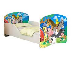 Clamaro Traumland Motiv Kinderbett Komplett Set 70 x 140 cm inkl. Matratze und Lattenrost, Sicherheit durch ABS Kantenschutz und Seitenteilen mit Rausfallschutz - 140 x 70 cm, Design: 34 - Farm Motiv