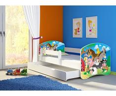 Clamaro Fantasia Weiß 160 x 80 Kinderbett Set inkl. Matratze, Lattenrost und mit Bettkasten Schublade, mit verstellbarem Rausfallschutz und Kantenschutzleisten, Design: 34 Kleine Farm