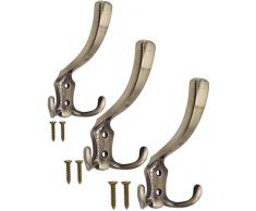 FUXXER® - 3x Garderoben-Haken, Hut-Haken, Eisen-Haken, Metall-Haken, Handtuch-Haken, klassische Messing Antik Optik, für Garderoben, Wand-Bretter, 120 x 75 mm, 3er Set