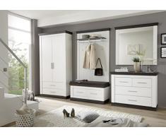 Dreams4Home Garderobenset Pennie II - Set, Schrank, Garderobenbank mit Sitzkissen, Sitzbank, Wandpaneel mit Haken, Spiegel, Kommode, Landhaus, Aufbewahrung, Flur, Diele, B/H/T: 341 ( 321 ) x 201 x 38 - 45 cm, Pinie Weiss NB, Absatz Wenge