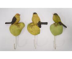 Kleiderhaken Wandhaken Garderobe Haken Vintage Landhaus Polyresin 3er Set Motiv: Vögel sitzend auf Apfel/Birne Länge 20,6 cm
