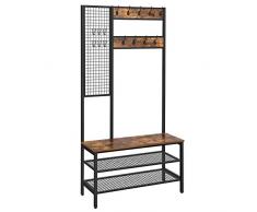 VASAGLE Großer Garderobenständer mit Sitzbank, Kleiderständer mit 9 Kleiderhaken und Schuhregal, Garderobe mit Gitterwand, 185 cm hoch, viel Stauraum, Flur, Schlafzimmer, Vintage, dunkelbraun HSR98BX