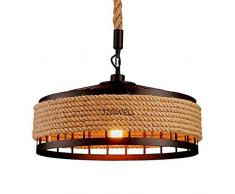Hängelampe Vintage Seilampe Pendelleuchte Deckenleuchte E27 Retro Industrie Pendellampe Eisen Loft Kronleuchter Rustikal Hanfseil Eisen Leuchter Wohnzimmer Runde Hängend Eisen Käfig Deckenlampe 1 Head