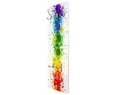 BIlderwelten 79353 Wandgarderobe Rainbow Splatter | Design Garderobe Garderobenpaneel Kleiderhaken Flurgarderobe Hakenleiste Holz Standgarderobe Hängegarderobe | 139x46cm