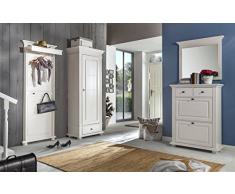 Landhaus Garderoben Set Garderobe LEONA Astfichte massiv Naturweiß lasiert mit Wandgarderobe Dielenschrank Wandspiegel Schuhschrank Set 4