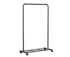 SONGMICS Kleiderständer auf Rollen, Garderobenständer, Kleiderstange bis 40 kg belastbar, aus Metall, mit Gitterablage, schwarz HSR25BK