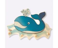 Dida - Wandgarderobe Für Kinder Aus Holz, Dekoriert Mit Einem Wal Für Das Kinderschlafzimmer