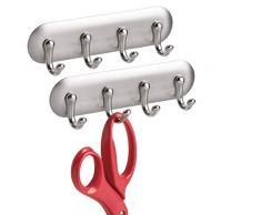 mDesign 2er-Set AFFIXX Schlüsselbrett – starke selbstklebende Schlüsselleiste mit 4 Haken für Küche, Büro, Flur, Eingangsbereich – kleine Klebeleiste aus Kunststoff mit Nickeloptik – silber