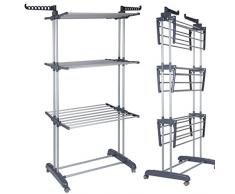 stabiler rollbarer Trockenständer Wäscheständer mit 4 Rollen, faltbar 3 Ablagen Kleiderständer mit 2 Flügel, belastbar maximal 38kg, Material aus Stahlrohr und ABS Kunststoff, Größe 172 x 72 x 50cm