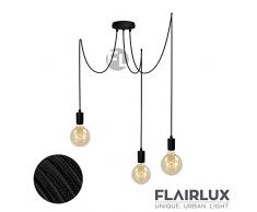 Pendelleuchte schwarz metall 3 flammig DIY E27 mit Textilkabel höhenverstellbar Deckenleuchte Vintage Lampe Retro elegantes Design für Ihre Wohnung. (Schwarz, 3 x 2 Meter)